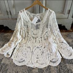 We Are Obsessed With This Darling Lace Blouse. This Pretty Blouse Features A Soft White Semi-Sheer Cotton Base, A Soft Scoop Neck, Crochet Lace Details And Feminine Fit. + Well Made + Soft Cotton Blend + Long Sleeves + Scalloped Hem + True To Size + Heather Is 5'8" Tall / 140lbs And Modeling A Size Medium Ships Fast From Our Studio In Washington State! Approx. Measurements: Small: Pit To Pit: 18", Length: 27" Medium: Pit To Pit: 19", Length: 29" Large: Pit To Pit: 20", Length: 30" Xl: Pit To Pit Romantic Lace Blouse, Casual Lace Top, Boho Attire, Lace Outfits, Fashion Romantic, Clothing Tips, Clothes For Women Over 50, Clothing Studio, Lace Blouse Long Sleeve