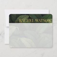 a business card with the name rachel wattson on it and green leaves in the background