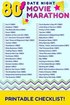 the 30 movie marathon printable checklist is shown in blue and yellow with stars