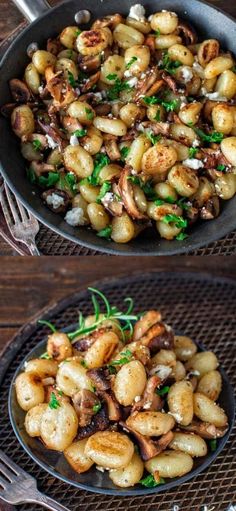 two pictures showing different types of food in a skillet and on the same plate