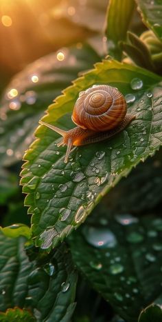 a snail sitting on top of a green leaf covered in raindrops at sunset