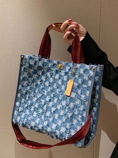 DETAILS Denim Checkerboard Tote bag Large: 13.4" L * 5.9" W * 12.2" H Small: 8.7" L * 4.3" W * 7.9" H Stretch Mesh Fabric, Purple Details, Floral Bodycon, Purple Mini Dresses, Checkerboard Pattern, Backless Mini Dress, Boot Pumps, Denim Details, Shoes Outlet