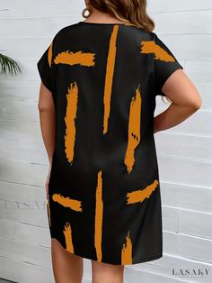 Lasaky - Stylish Plus Size Womens Casual Dress: Brush Print Cut Out Bat Sleeve Round Neck Tee Dress Casual Black Printed Mini Dress, Casual Black Shift Mini Dress, Black Shift Mini Dress Casual, Casual Orange Mini Dress, Bat Sleeve, Round Neck Tees, Stylish Plus, Womens Casual, Tee Dress