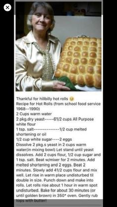 an old woman holding a large tray of food in front of her face and the caption reads, thank for hillbilly hot rolls from school food service