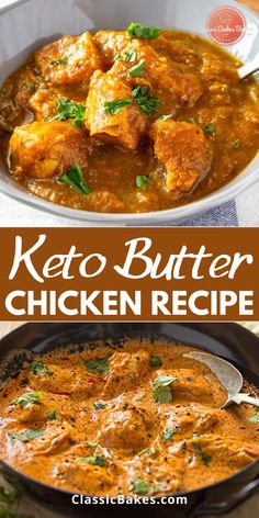 keto butter chicken recipe in a skillet with text overlay that reads, keto butter chicken recipe