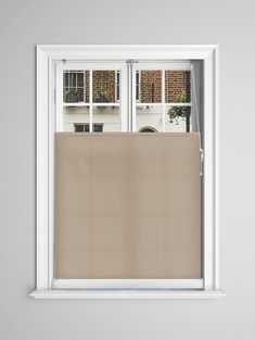 an open window with blinds in front of it