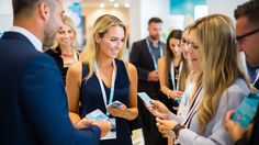 a group of people standing around each other talking to one another and holding cell phones in their hands