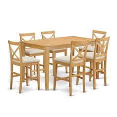 a wooden table with six chairs and one chair on the other side, in front of a white background