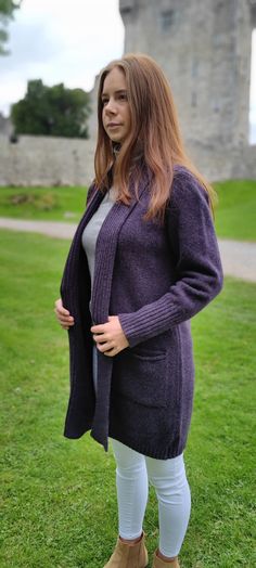 "Rib Edge Knitted Long Ladies Jacket with Pockets - 100% Pure New Soft Lambswool - Elderberry Purple - really warm & chunky - HANDMADE IN IRELAND This beautiful knit jacket cardigan is 100% pure new soft lambswool, textured with a deep band of ribbing that falls from the collar to the hem. It can be worn loose or waisted with a belt! Really warm and chunky. Available in 2 sizes: S/M (UK size 8-14, ), (US size 6-12), (EU size 36-42) L/XL (UK sizes 16-20), (US size 14-18), (EU size 44-48) Jack Long Jackets For Women, Jacket Cardigan, Jacket With Pockets, Uk Size 16, Beautiful Knitting, Knit Jacket, Jackets & Coats, Jackets For Women, Size 6