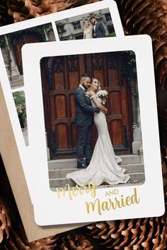 a wedding card with the words merry and married written on it next to pine cones