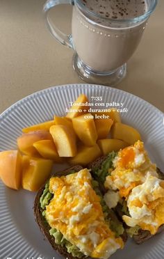 an egg salad on toast with fruit and coffee