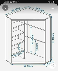 the measurements for an armoire cabinet with doors and shelves on each side are shown