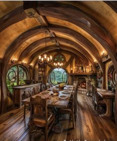 an image of a dining room in a hobbot with wood floors and windows