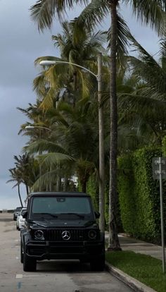 there is a black mercedes parked on the side of the road in front of palm trees