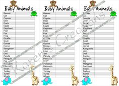 baby shower game with giraffes, frog and turtle on the list for boys