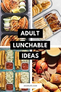 an assortment of lunches with the words adult lunchable ideas on top and bottom