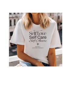 Self Love, Self Care, Self Aware T-shirt. Are you in your self love era? Then this minimal aesthetic graphic T-shirt is for you. Makes a great gift for any woman who prioritizes self care, self empowerment, and gratitude every day.   This classic unisex jersey short sleeve tee fits like a well-loved favorite. Soft cotton and quality print will make you fall in love with it over and over again. The tear-away label minimizes skin irritations. FIT Ribbed knit collars to hold neck shape. The shoulders are tapered for a better fit over time. Dual side seams hold the garment's shape through washings and wear. This T-shirt fits true to size and these are unisex size which means they are NOT women's fitted shirts. Size down for a more fitted look FABRIC  Made with 100% Airlume combed and ring-spun Aesthetic Sayings, Tshirt Inspiration, Self Love Self Care, Self Love Club, Love Club, Fitted Shirts, Oversized Outfit, Female Empowerment, Oversized T Shirts