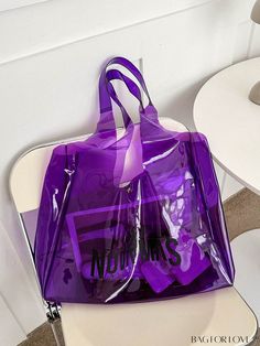 BagForLove - Letter Print PVC Tote Bag with Generous Capacity Large Capacity Purple Bags For Summer, Large Capacity Purple Vacation Bag, Large Capacity Purple Bags For Vacation, Large Capacity Purple Bag For Summer, Large Capacity Purple Bag For Vacation, Summer Large Capacity Purple Bags, Trendy Large Bags With Large Capacity, Purple Shoulder Bag For Vacation, Casual Large Capacity Purple Bag