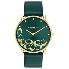 With clean lines and a modern minimalist sensibility, the COACH Elliot is a true design classic ready for workdays and weekends. Finished with a green leather strap, this gold-tone round watch features a green sunray dial detailed with dome markers and a diamond-dusted scatter of the COACH signature for a touch of shimmer. Gold-tone case Approx. case diameter: 36mm Green dial Mineral crystal Quartz movement Green Leather Strap with tongue buckle Water-resistant to 99 feet COACH Style #: 14504337 Coach Watch, Green Watch, Round Watch, Coach New York, Leather Strap Watch, Christmas Wishlist, Minerals Crystals, Green Leather, Quartz Watch