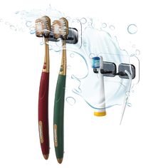 two electric toothbrushes with water splashing on them and one is red, white and green