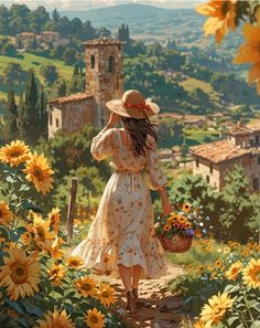 a painting of a woman walking down a path with sunflowers