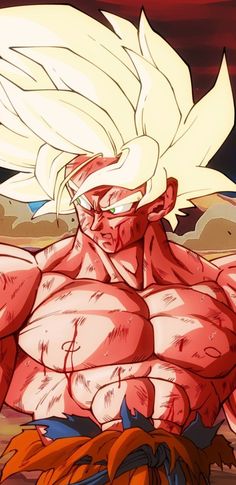 an animated image of a man with white hair and no shirt, standing in the desert