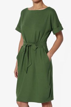 S~3X Tie Waist Short Sleeve Stretch Knit Shift Dress Casual to Office - TheMogan Belted Green Dress For Workwear, Belted Green Dress For Work, Green Belted Dress For Work, Spring Office Midi Dress With Tie Waist, Summer Belted Dress For Workwear, Spring Office Belted Dress With Short Sleeves, Green Tie Waist Midi Dress For Work, Casual Summer Belted Dress For Office, Green Midi Dress With Tie Waist For Work