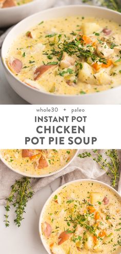 instant pot chicken pot pie soup in a white bowl with the title text overlay