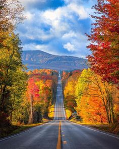 an empty road surrounded by colorful trees and mountains