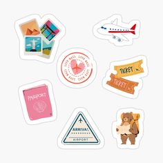 various travel stickers on a white background