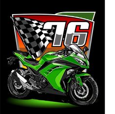 a green motorcycle with a checkered flag on it