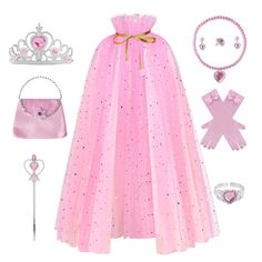 PRICES MAY VARY. This little girl's cape has a soft touch, breathable and skin friendly, is not prone to wrinkles, is easy to wash and dry, and is not irritating to wear. It is a suitable fabric for seasonal fitting, caring for children's sensitive skin. Girls Sequins Cloak with Jewelry Accessories princess cloak include a princess cape, princess crown headwear, princess stick, earrings, bracelets, necklace, rings and ties. It made of high-quality plastic, with a sturdy structure and no sharp co Christmas Princess Dress In Pink, Princess Costume For Halloween Role Play, Princess Role Play Costume For Halloween, Halloween Princess Costume For Role Play, Princess Cloak, Princess Cape, Girls Cape, Cape Set, Stick Earrings