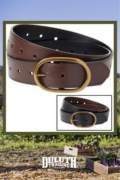 Got clash? Get reversible belt! This Lifetime Leather beauty is black on one side, brown on the other, finished with a beautiful antique brass buckle for an extra dash of style. Classic Leather Belt Buckles With Removable Belt, Brown Belt With Brass Buckle For Work, Brown Belt With Brass Hardware For Everyday, Brown Workwear Belt With Brass Buckle, Brown Belt With Antique Buckle For Everyday Use, Reversible Belt Women, Rugged Leather Belt With Removable Feature, Adjustable Brown Belt With Buckle Closure, Black Leather Belt Buckles With Gold-tone Hardware