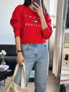 Tommy Hilfiger Stacked EMB Crewneck Red 78J9708 600 - APLAZE Trendy Red Long Sleeve Sweatshirt, Trendy Red Crew Neck Sweatshirt, Trendy Red Sweatshirt For Spring, Tommy Hilfiger Red Long Sleeve Top, Trendy Red Tommy Hilfiger Top, Shopping List, Dream Closet, Fashion Photography, Tommy Hilfiger