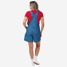 Show your team spirit in these stylish and comfortable Chicago Cubs Women's Pinstripe Bib Shortalls. With their all-over team-colored design and bold team logo display, these shortalls are the perfect way to show your support for the Chicago Cubs while displaying your pinstriped pride in your team and everything they accomplish during the game. The bib pocket is perfect for storing your phone, makeup, jewelry, skincare products, fragrances, or other essentials, and the adjustable bib shoulder st Casual Striped Overalls With Pockets, Striped Cotton Overall Jumpsuits And Rompers, Summer Striped Cotton Overalls, Retro Blue Cotton Shortalls, Striped Cotton Overalls, Chicago Cubs Outfit, One Piece Pajamas, Bib Overalls, Logo Display