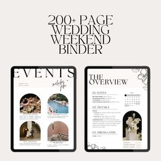 two ipads with the words, 200 page wedding weekend binder and an event planner