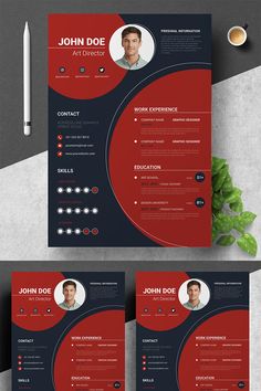 a red and blue resume template with an image of a man's face on it