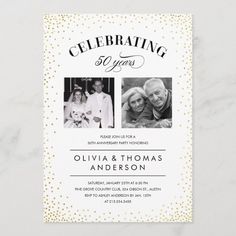 a white and gold celebration card with two photos on it, the words celebrating are in black