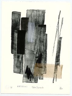 an abstract painting with black and grey colors on white paper, depicting a person walking in the distance