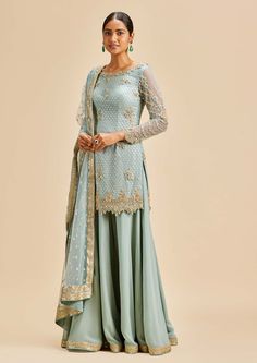 Nitika Gujral-Dusty Blue Sharara Set-INDIASPOPUP.COM Indian Shalwar Design, Light Blue Gharara, Kurta Wedding, Blue Indian Suit, Light Blue Pakistani Dress, Light Blue Sharara Suit, Pastel Blue Sharara, Wedding Guest Dress Desi, Light Blue Sharara