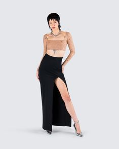 It’s no secret that you’ll be the best dressed in this fit 😚 Featuring a nude rhinestone cropped top paired with a black knit skirt for a subtle, yet chic look that will have them all following your every move 🖤 Chic Crop Top For Evening Parties, Chic Crop Top For Night Out Party, Chic Crop Top For Night Out Party Season, Glamorous Stretch Crop Top For Evening, Chic Evening Crop Top, Elegant Cropped Top For Party Season, Glamorous Evening Crop Top, Elegant Cropped Top For Party, Elegant Cropped Crop Top For Party