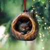 a small black cat sitting in a wooden hanging ornament on a tree branch