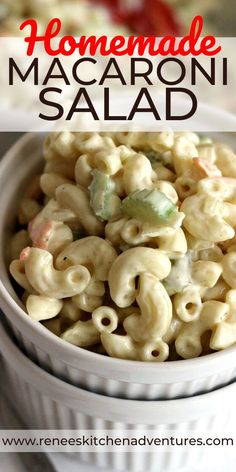 homemade macaroni salad in a white bowl with the title overlay reading homemade macaroni salad