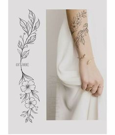 a woman's arm with flowers and leaves on it, next to an image of the