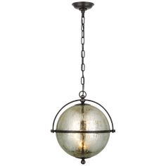 a light fixture hanging from the ceiling with an iron frame and glass ball on it