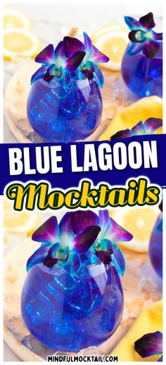 blue lagoon cocktails with lemon slices in the background and text overlay that reads, blue lagoon mocktails