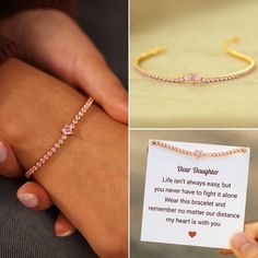 two pictures one with a bracelet and the other with a note that says dear daughter