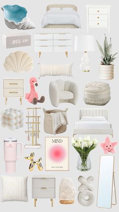 a collage of white furniture and accessories in pastel colors, including a bed, chair, mirror, vase with flowers