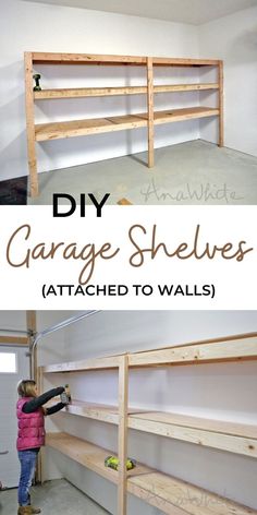 the diy garage shelves are attached to walls