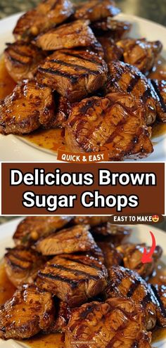 delicious brown sugar chops on a white plate with text overlay that reads delicious brown sugar chops